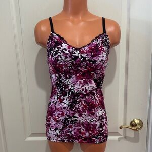 WHBM Lace Trim V Neck Cami Abstract Floral Lilac Magenta Print XS EUC $69